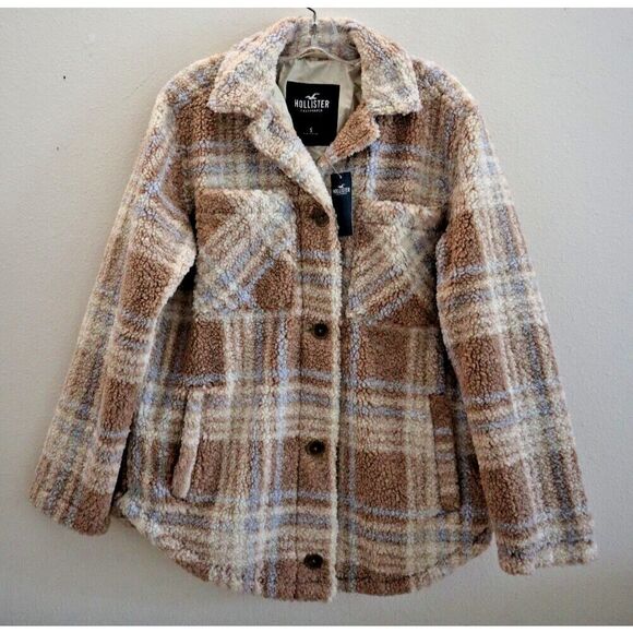 Hollister Jackets & Blazers - Hollister 344-451-1130-408 Women's Sz S Brown Plaid Teddy Fleece Jacket